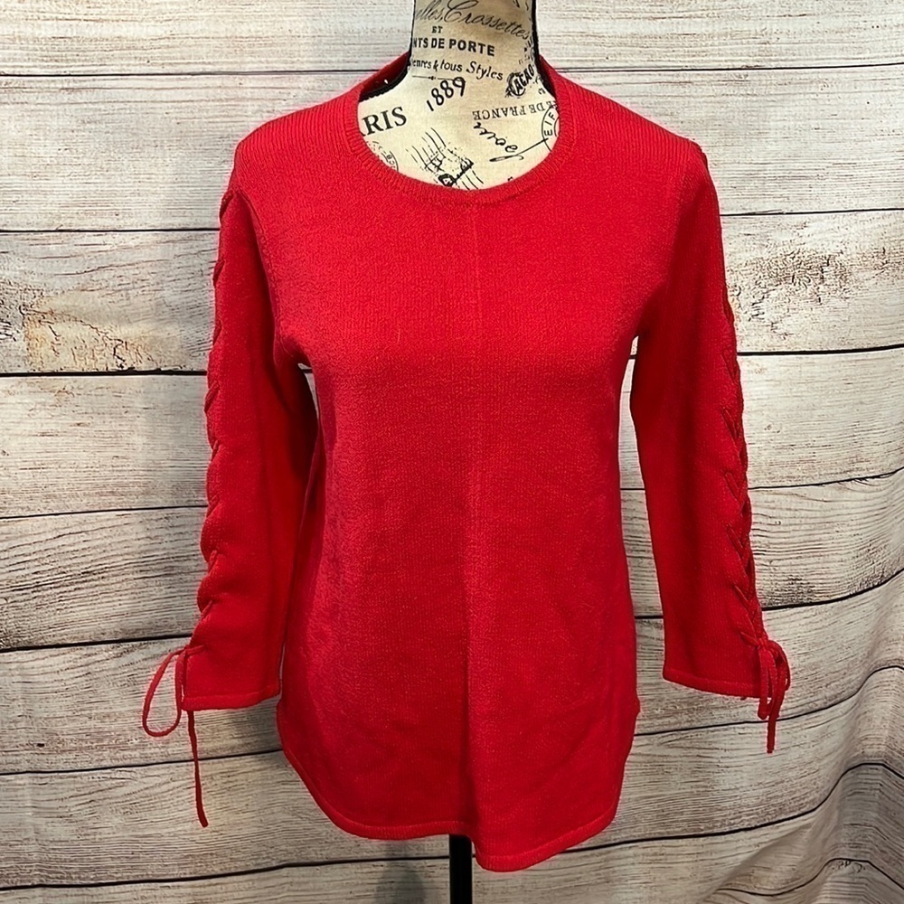 Ball of Cotton Lightweight Sweater Lace Up 3/4 Sleeves Red Size Small